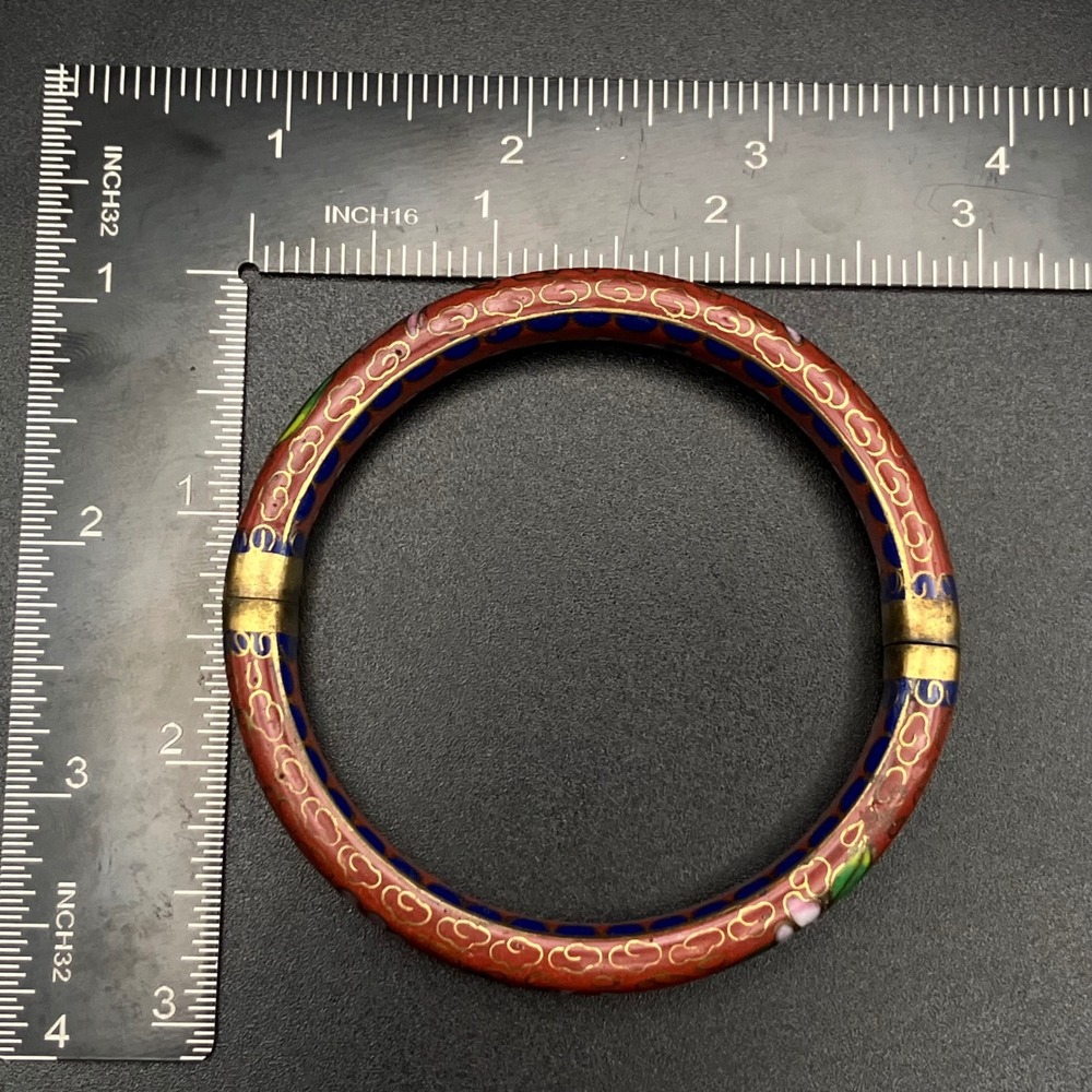 Vintage Cloisonne Enamel Bangle Bracelet Red Floral Hinged Brass 7.25 - Picture 7 of 9